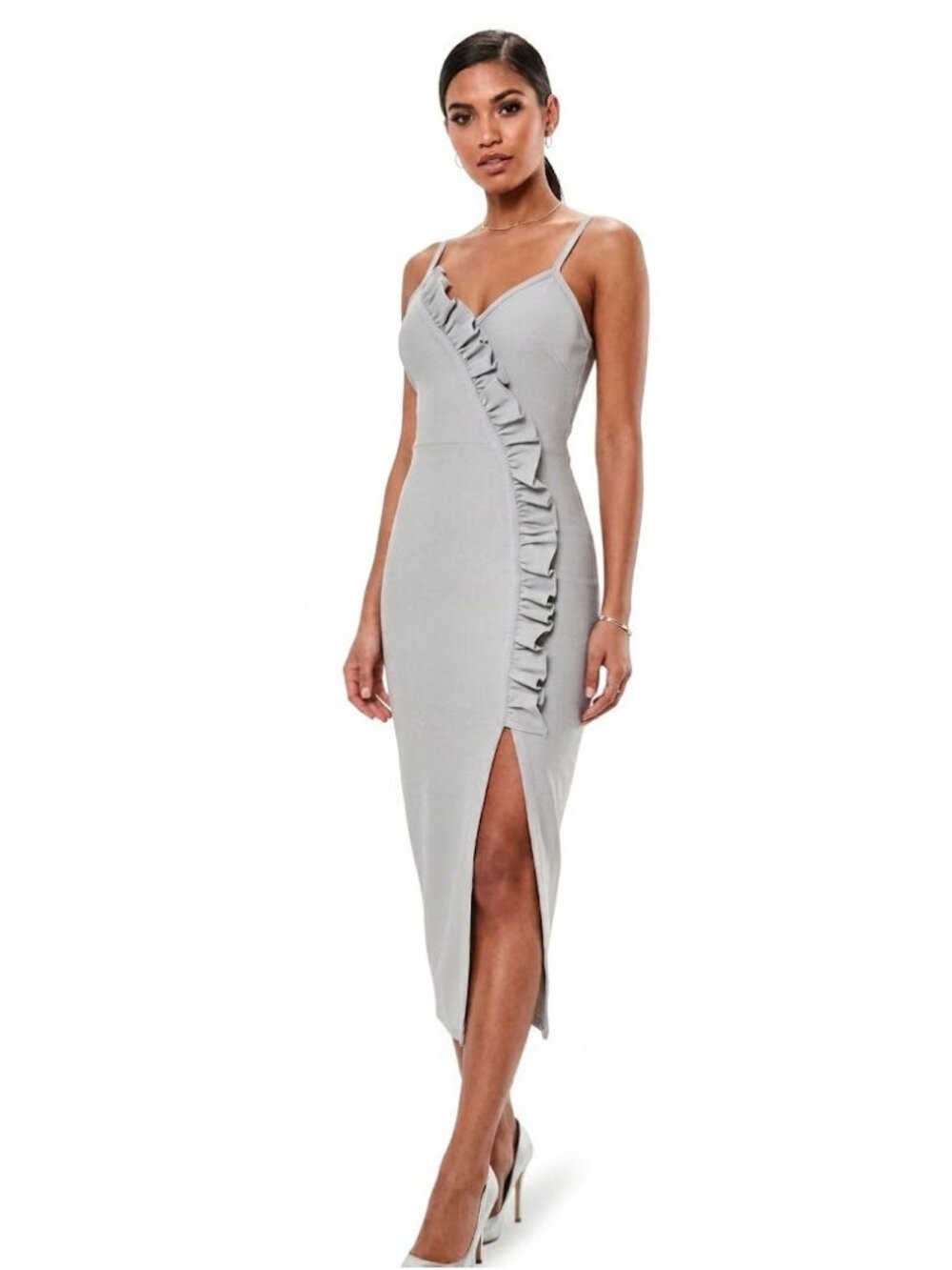 Missguided Ruffle Asymmetric Midi Dress, Silver Grey, Womens Size US 4 / EU 36